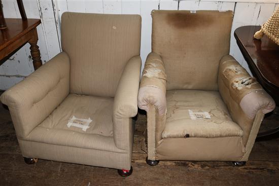 Pair of upholstered armchairs, damaged, circa 1920-30
